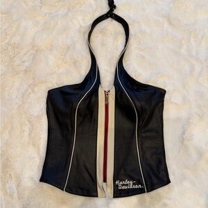 Harley Davidson Women’s HAIRPIN Black & White Leather Halter Top Sz XS
